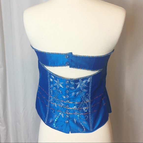 Handmade Royal Blue Beaded Strapless Bustier Corset - Picture 2 of 11